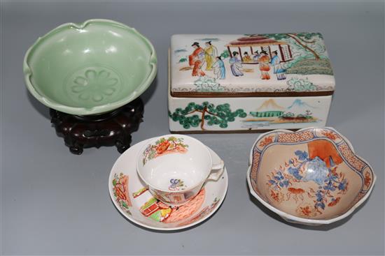 Chinese box, green bowl on stand, cup & saucer